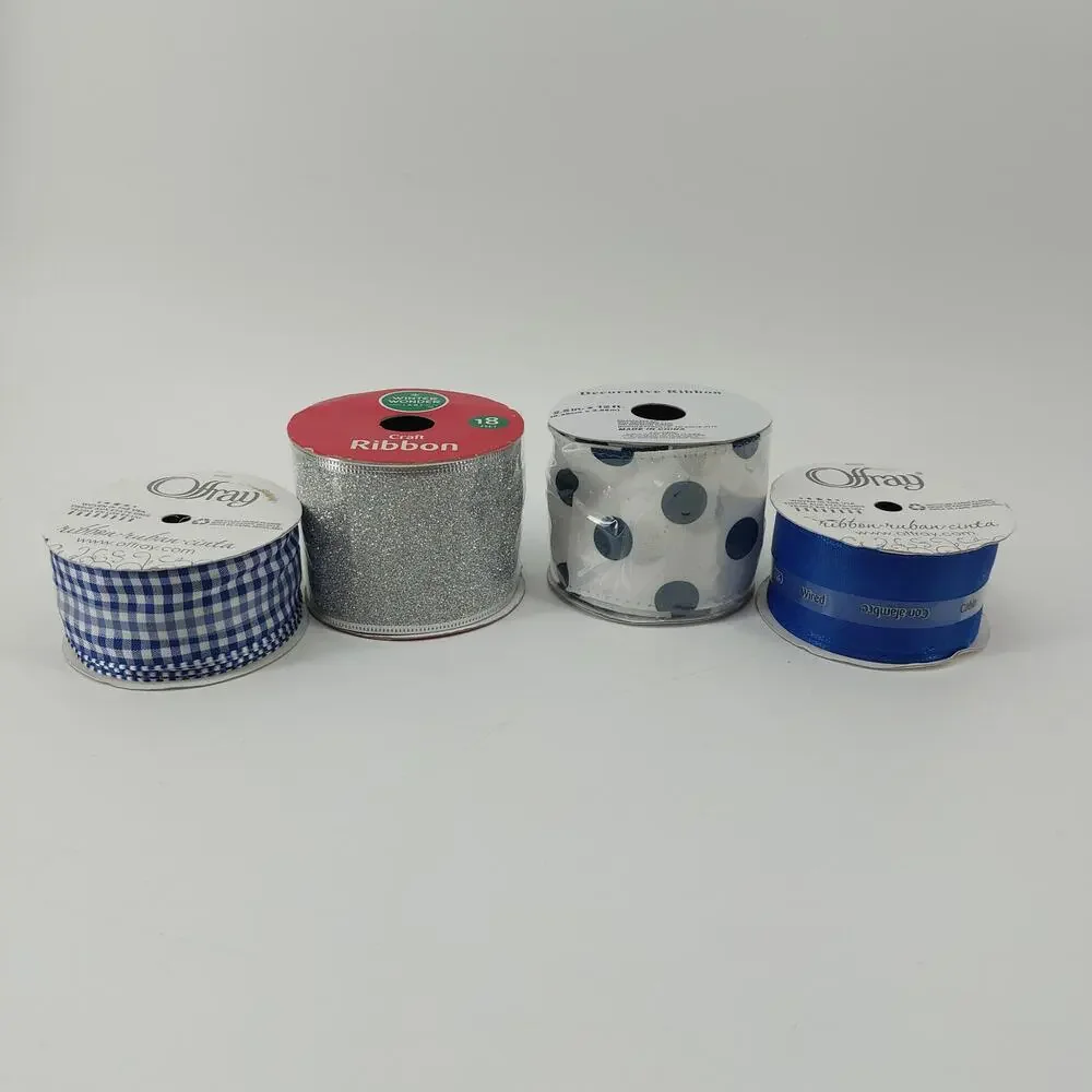 Blue Ribbon Lot Set of 4 Gingham Polkadot Solid Silver Metallic